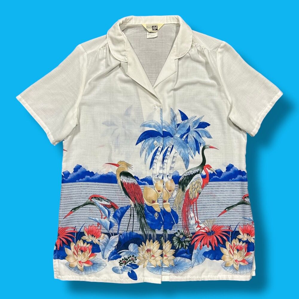 Vintage 70s Sears Hawaiian Shirt Crane Print Heron Polyester Rayon Aloha Camp